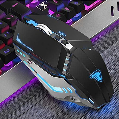 TENMOS T12 Wireless Gaming Mouse Rechargeable, 2.4G Silent Optical Wireless Computer Mice with Changeable LED Light Compatible with Laptop PC, 7 Buttons (Black)